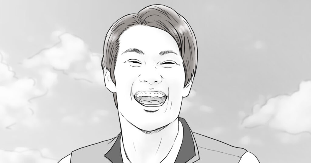 TVCM用笑顔の男性カットのモノクロイラスト絵コンテサンプル