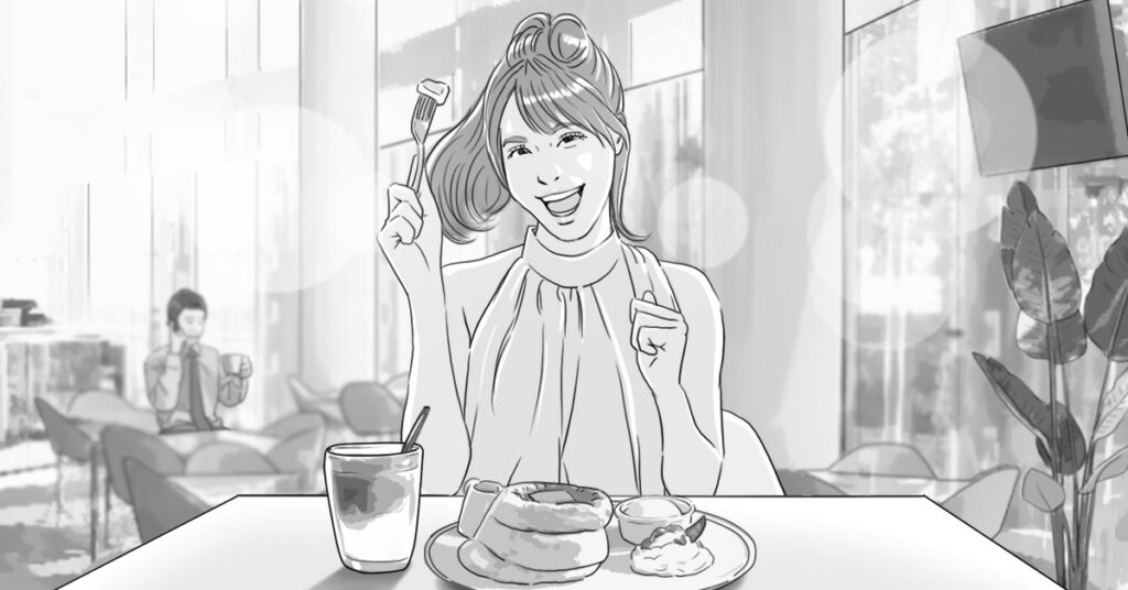 TVCM用食事シーンのモノクロイラスト絵コンテサンプル