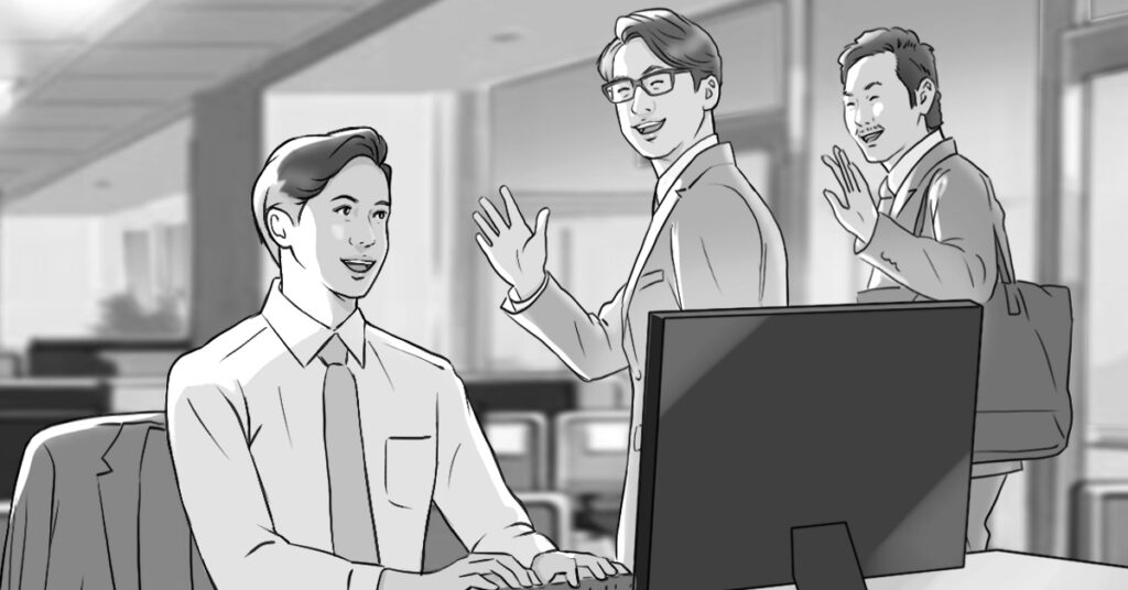 TVCM用オフィスシーンのモノクロイラスト絵コンテサンプル
