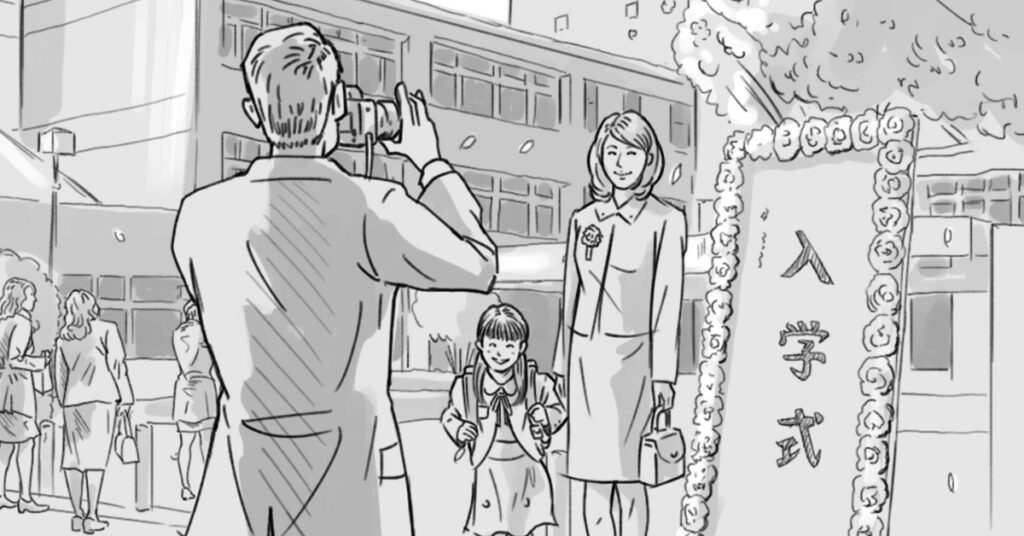 TVCM用入学式シーンのモノクロイラスト絵コンテサンプル