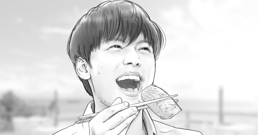 TVCM用食事カットのモノクロイラスト絵コンテサンプル