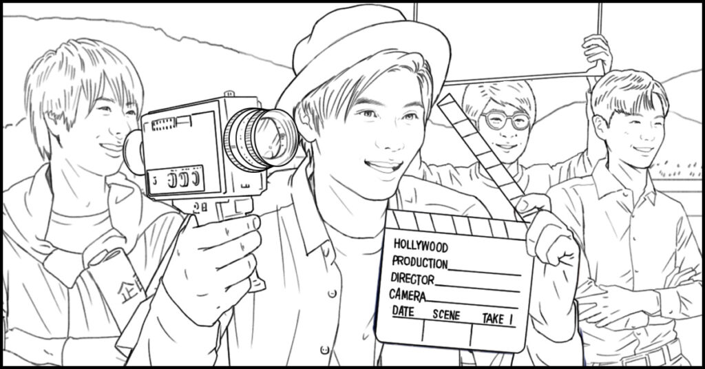 TVCM用撮影現場シーンの線画絵コンテサンプル