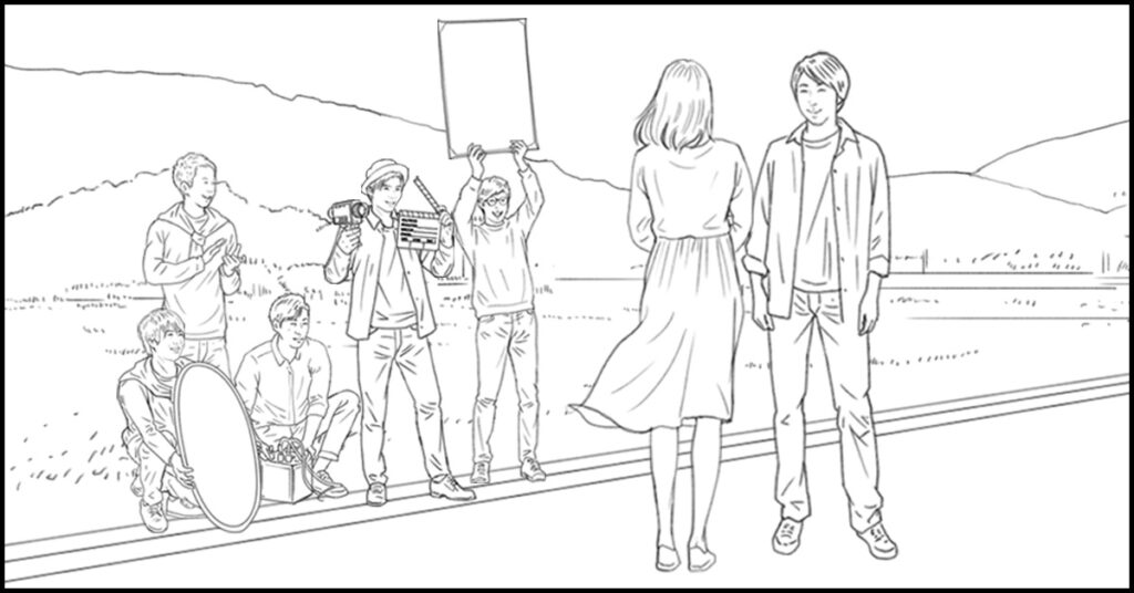 TVCM用屋外撮影シーンの線画絵コンテサンプル