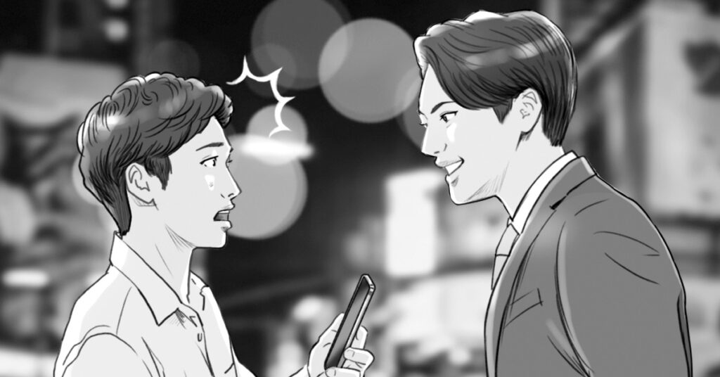 TVCM用男性同士の会話シーンのモノクロイラスト絵コンテサンプル