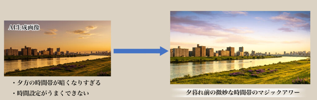 AI生成画像の時間帯・ライティング・空気感を修正したブラッシュアップ比較