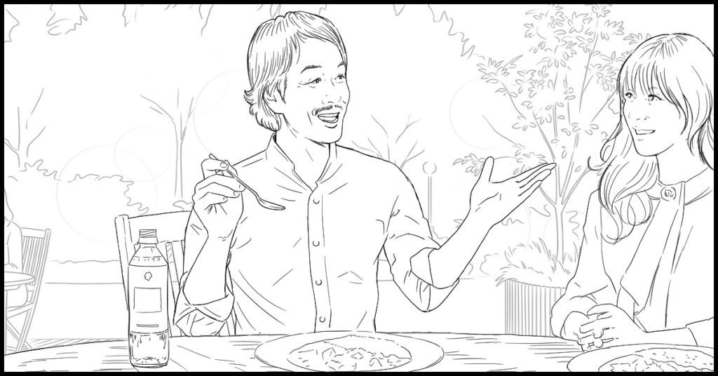 TVCM用食事シーンの線画ストーリーボードサンプル