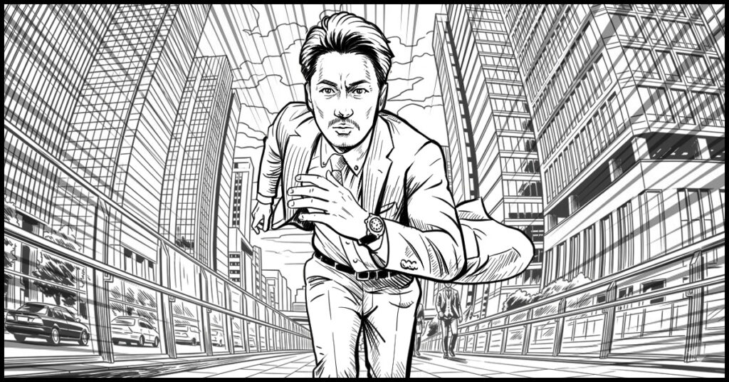TVCM用ビジネスマン走行シーンの線画絵コンテサンプル